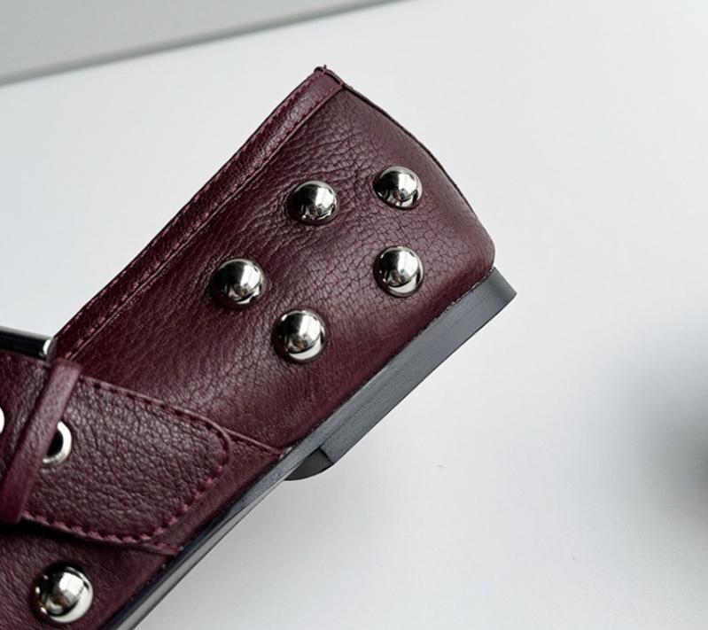 Women'S Shoes Burgundy - เดฟแอนด์ดี ซัมเมอร์ มินิมอลลิสต์ รองเท้าบัลเล่ต์หนังแกะประดับหมุดสำหรับผู้หญิง รองเท้าโลฟเฟอร์หัวกลมสีเบอร์กันดี รองเท้าส้นเตี้ยสำหรับผู้หญิง