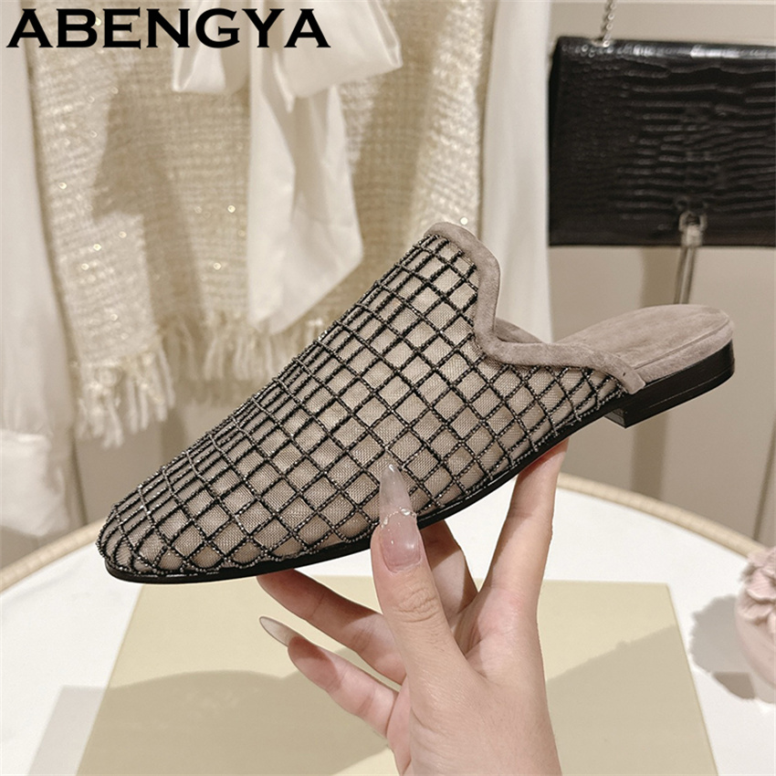 Loafer Flat Women - รองเท้าสลิปเปอร์แบบสวมหัวมน ผ้าลูกไม้เนื้อเงา ประดับวิบวับ ส้นเตี้ย สำหรับผู้หญิง รองเท้าโลฟเฟอร์ลำลองแฟชั่นฤดูร้อน