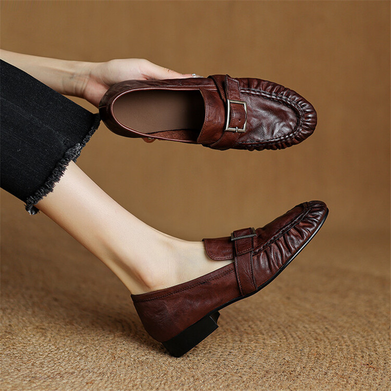 Women Shoes Size - รองเท้าส้นเตี้ยสำหรับผู้หญิง, ใหม่ฤดูใบไม้ร่วงรองเท้าหนังแท้สตรีรองเท้าบูทหุ้มข้อจีบรอบส้นหนารองเท้าโลฟเฟอร์ผู้หญิง