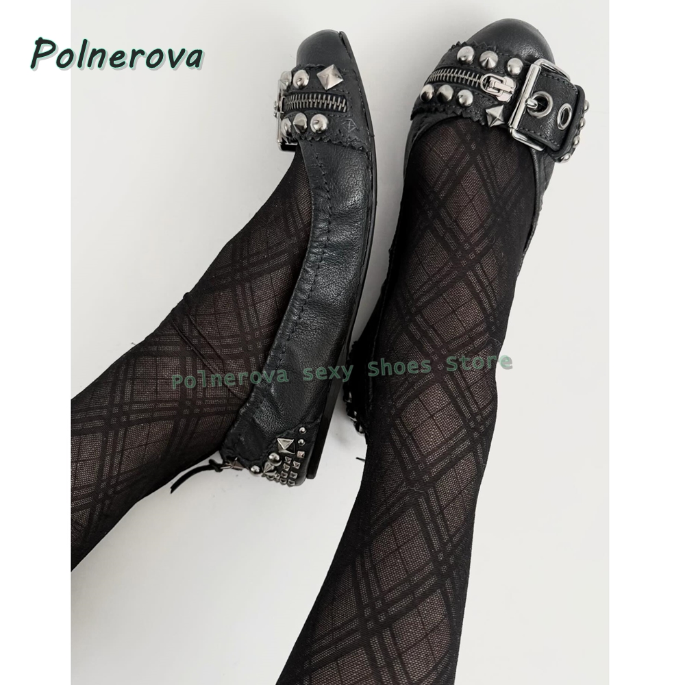 Women Shoes Size - รองเท้าส้นเตี้ยแบบมีซิปประดับตกแต่ง รุ่น Mary Jane หัวแหลม พร้อมหัวเข็มขัดแบบ