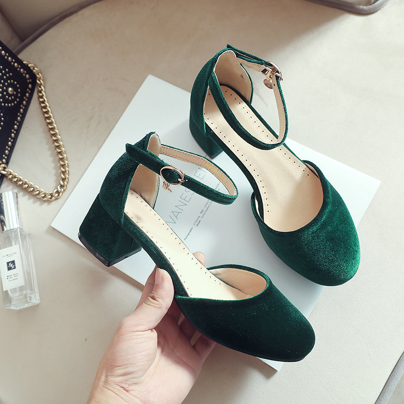 Women'S Shoes Burgundy - รองเท้าส้นเตี้ยแบบแมรี่เจน ผ้ากำมะหยี่สีเขียวเบอร์กันดี ปิดหัวเท้า สำหรับผู้หญิง ฤดูร้อน ไซส์ใหญ่