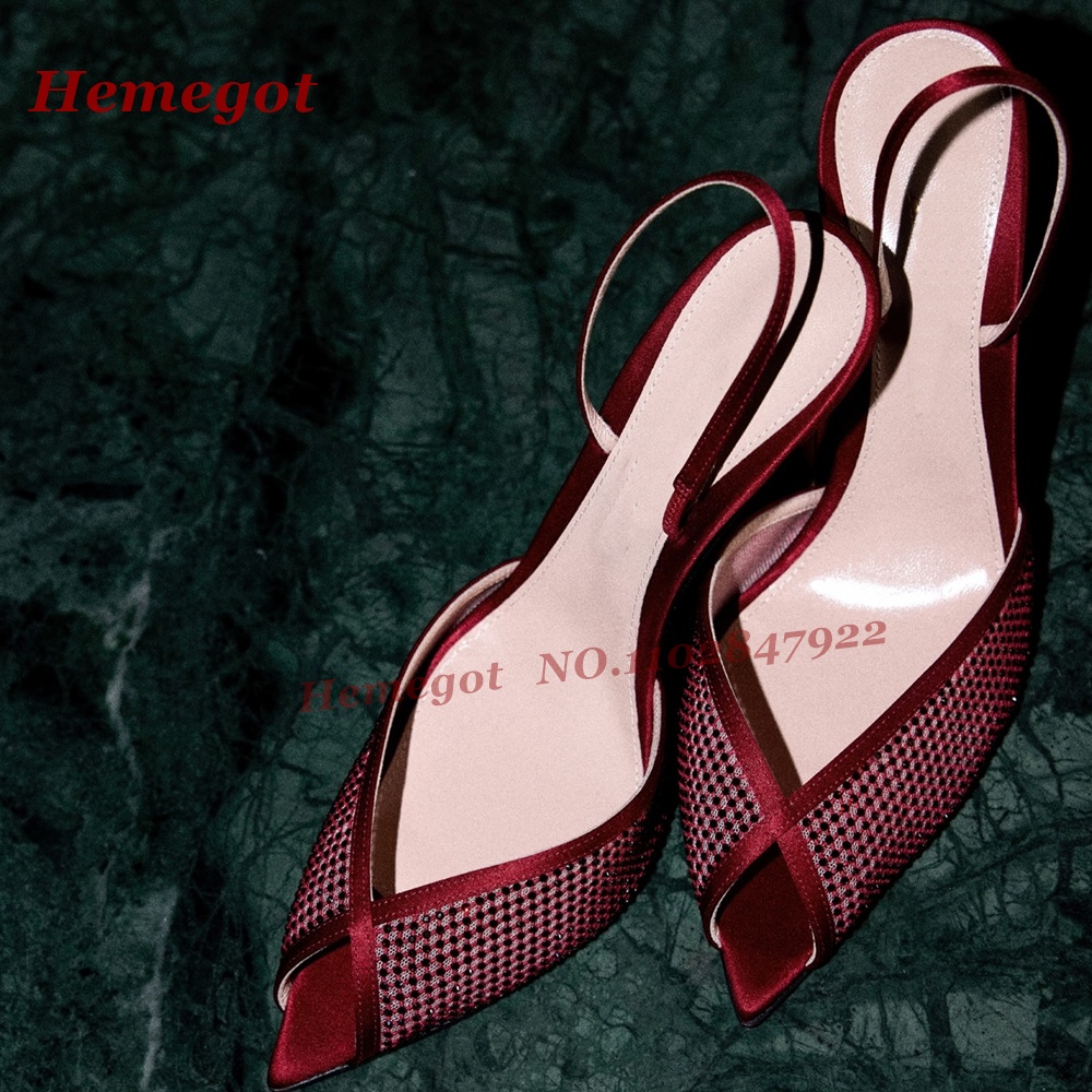 Women'S Shoes Burgundy - รองเท้าส้นสูงแบบสวมเปิดส้น ผ้าซาตินสีแดงเบอร์กันดี สำหรับผู้หญิง ปลายแหลม เปิดนิ้วเท้า ส้นเข็ม