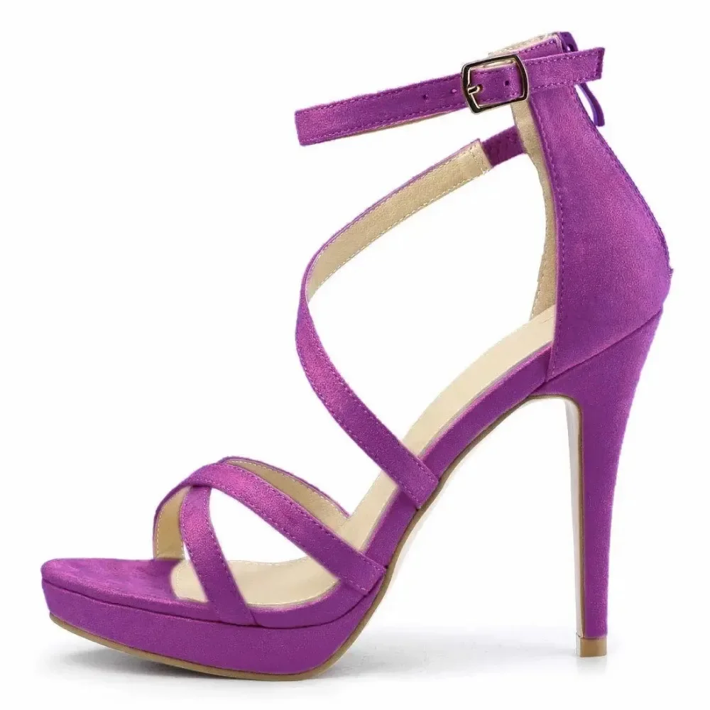 Strappy Heeled Sandals - รองเท้าส้นสูงผู้หญิงแบบเปิดนิ้วเท้า ส้นเข็ม 11 ซม. ผ้ากำมะหยี่ สายรัดข้อเท้า