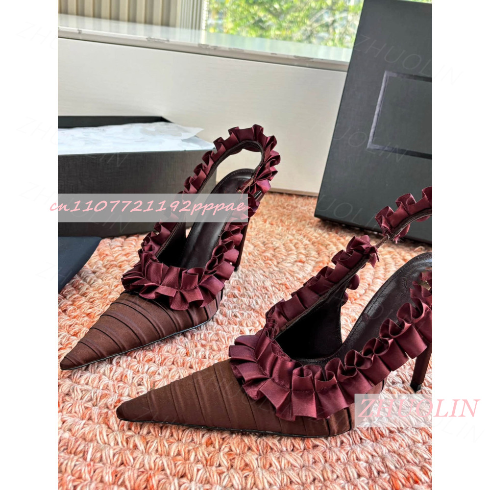 Women'S Shoes Burgundy - รองเท้าส้นสูงแบบสลิงแบ็ค สีเบอร์กันดี ผ้าซาตินจับจีบแต่งระบาย ปลายแหลม สำหรับงานแต่งงาน งานเลี้ยงตอนเย็น