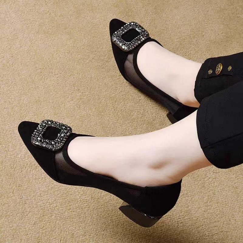 รองเท้าส้นบล็อกหัวแหลมแบบตาข่า - Women Shoes Size บทวิจารณ์และราคา